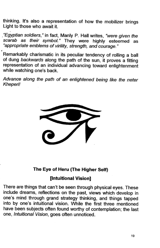 thinking. It’s also a representation of how the mobilizer brings Light to those who await t.  “Egyptian soldiers,” in fact, Manly P. Hall writes, ‘were given the scarab as their symbol.” They were highly esteemed as “appropriate emblems of viriity, strength, and courage.”  Remarkably charismatic in its peculiar tendency of rolling a ball of dung backwards along the path of the sun, it proves a fitting representation of an individual advancing toward enlightenment while watching one’s back.  Advance along the path of an enlightened being like the neter Kheperil  —  The Eye of Heru (The Higher Self) [intuitional Vision]  There are things that can’t be seen through physical eyes. These include dreams, reflections on the past, views which develop in one’s mind through grand strategy thinking, and things tapped into by one’s intuitional vision. While the first three mentioned have been subjects often found worthy of contemplation; the last one, Intuitional Vision, goes often unnoticed.  1 